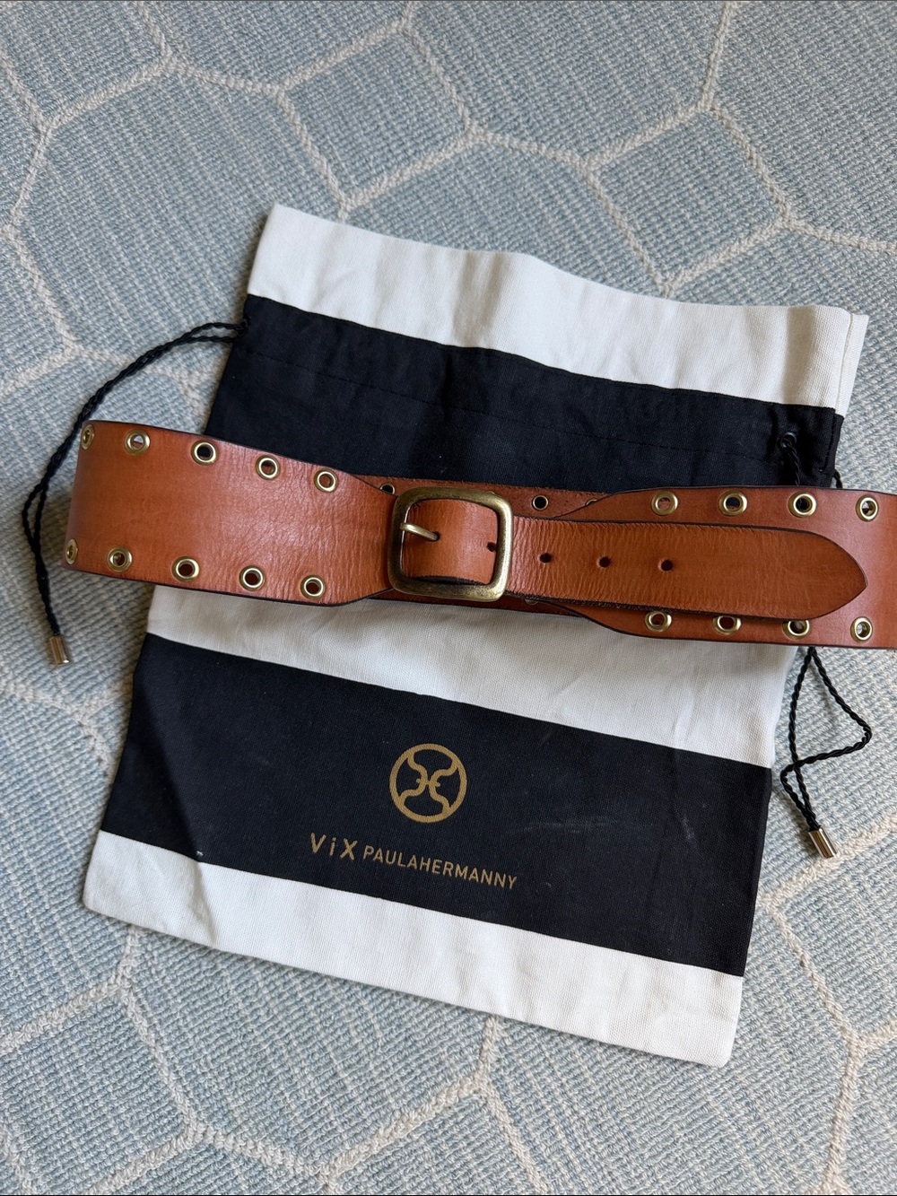 Vix Paula Hermanny Tan Leather Grommet Belt with Brass Buckle